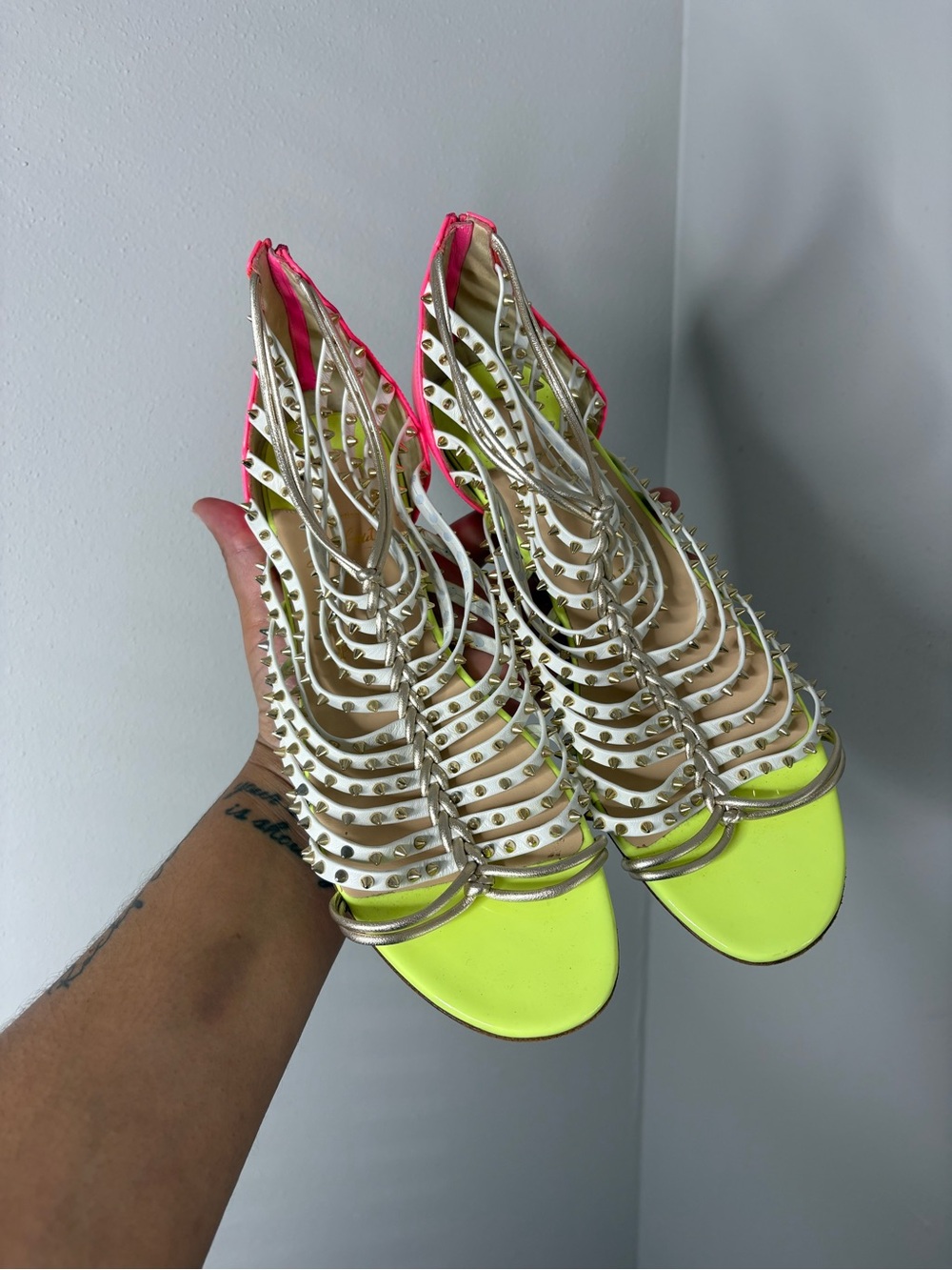 Christian Louboutin Neon Yellow and Hot Pink Studded Gladiator Heels